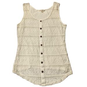 Zenana Outfitters Lace Mesh Sheer Faux Button Off White Tank Top
